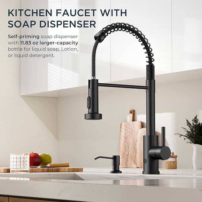 FORIOUS Touchless Kitchen Faucet with Soap Dispenser, Matte Black | Single Handle Stainless Steel, Smart Hands-Free Sink Faucet with Pull Down Sprayer for Camper Rv Bar, Motion Sensor Activated