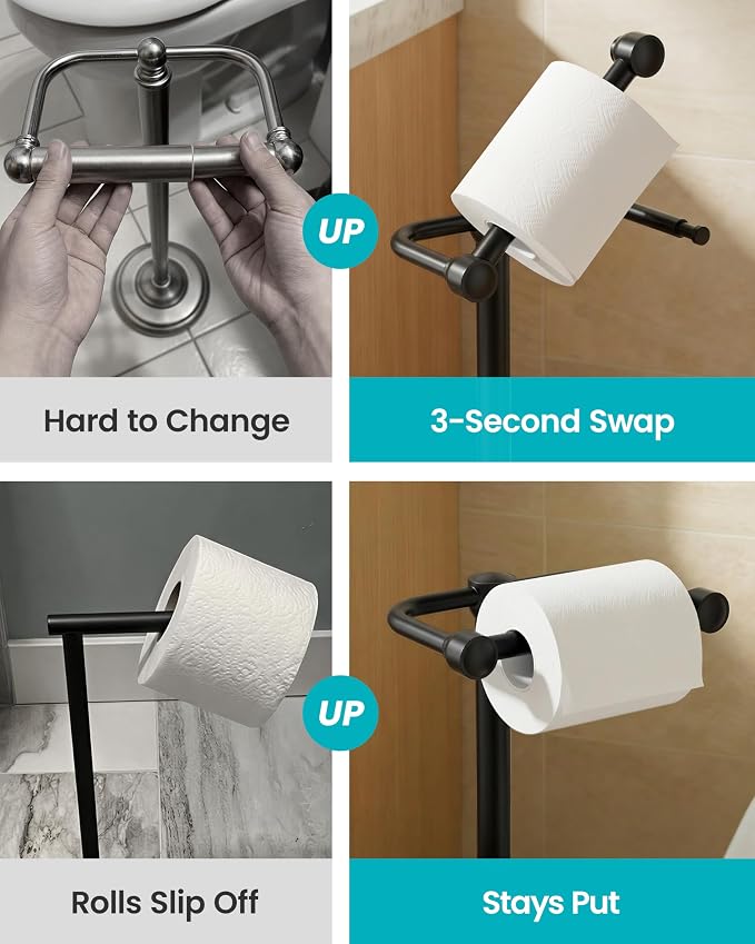 Toilet Paper Holder Stand, Free Standing Toilet Paper Roll Holder, Matte Black 304 Stainless Steel, 4.82 lbs Weighted Base, Bathroom Tissue Holder, 22.8" Height