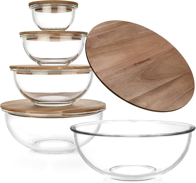 Set of 5 Nesting Glass Bowls with New Updated Acacia Lids for Foodprep, Storage, Mixing & Cooking - Microwave & Oven-ready BPA Free Durable Heat Resistant Inert Borosilicate Glass