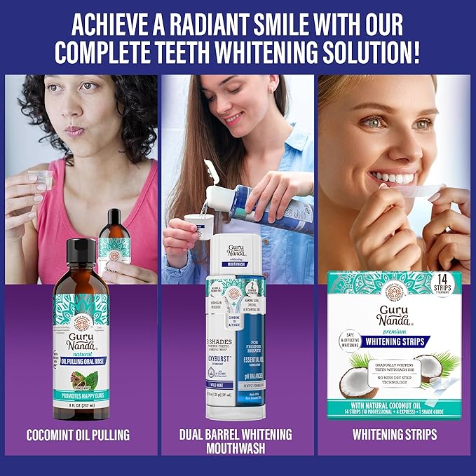GuruNanda Total Smile Makeover Kit Charcoal with Cocomint Oil Pulling, Dual Barrel Whitening Mouthwash, Whitening Strips & Charcoal Butter on Gums Toothbrushes