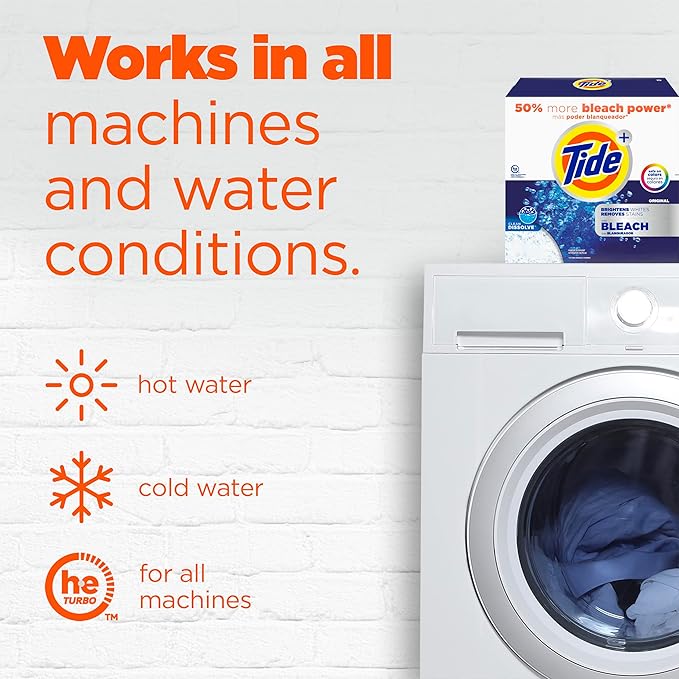 Tide Powder Laundry Detergent with Bleach, Original Scent, 89 Loads, 129 oz