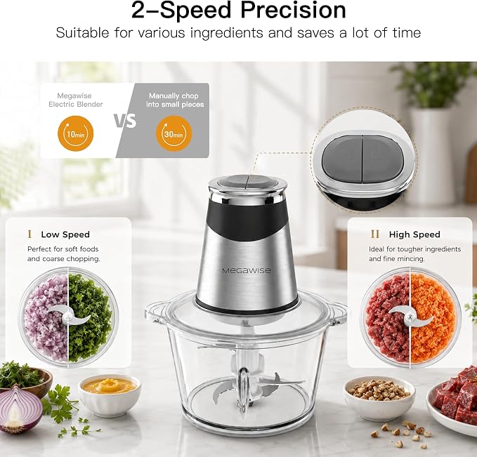 MEGAWISE Food Processor, 800W Electric Meat Grinder, 1.8L Stainless Steel Bowl & 1.8L Glass Bowl, Dual Speed Modes for Meat, Onion, Vegetables, Nuts, Fruits, Baby Food