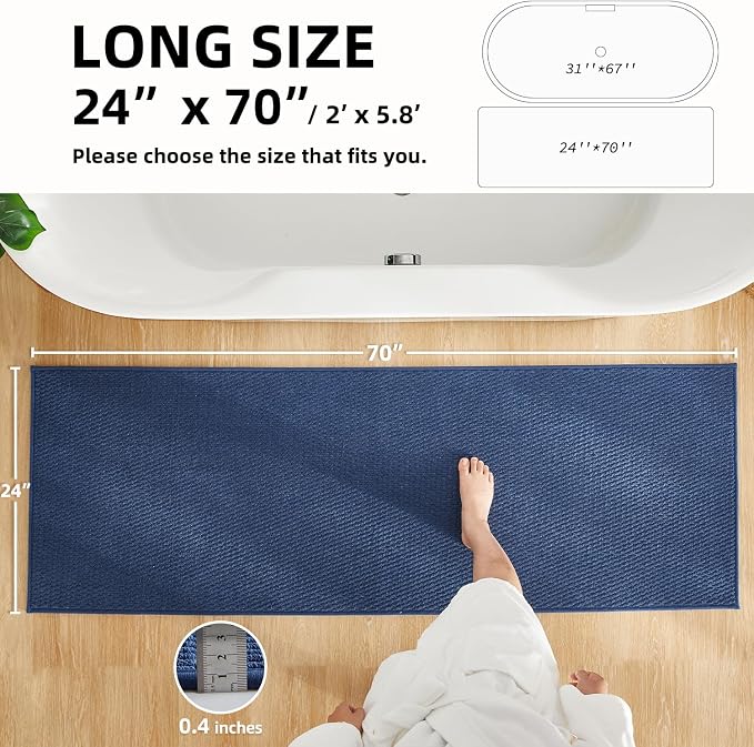 TYUU Bathroom Runner Rugs, Long Bath Mat Runner Washable Thin Quick Dry Low Pile Bathroom Runner Rugs Non Slip, Navy Blue 24"x70"
