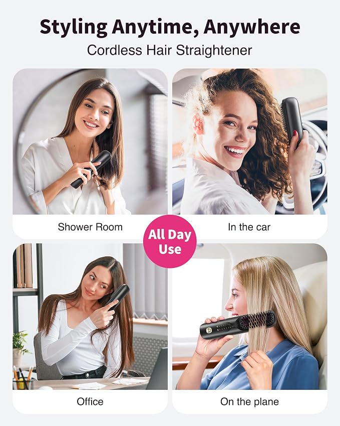 Bopcal Cordless Hair Straightener Brush, Upgraded Rechargeable Portable Hair Straightening Brush for Travel, 300M Anti-Frizz Negative Ions Straightening Comb, 30s Fast Heating, for Women & Men