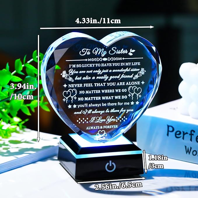 Arikyrist Sister Gifts from Sister Brother with Colorful LED Base Birthday Gifts Idea for Sisters Crystal Heart Keepsake Sisters Gift for Women for Christmas Mother's Day Valentines