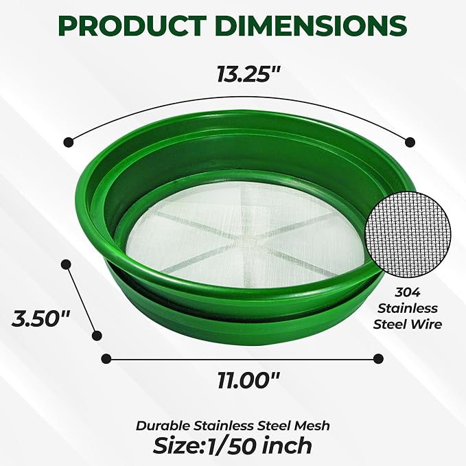 SE 13.25 Inch Wide Stackable Classifier Gold Prospecting Pan - 1/50 Inch Stainless Steel Mesh Sifting Pan, Green