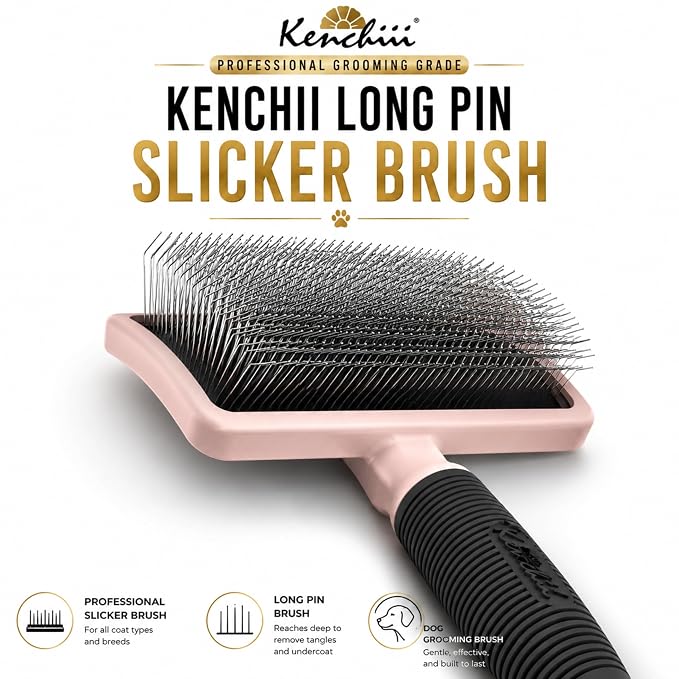 Kenchii Long Pin Slicker Brush for Dogs (Poodles, Doodles, Goldendoodles, Labradoodles), Professional Grooming Brush for Detangling, Fluffing & Dematting, Non-Slip Comfort Handle
