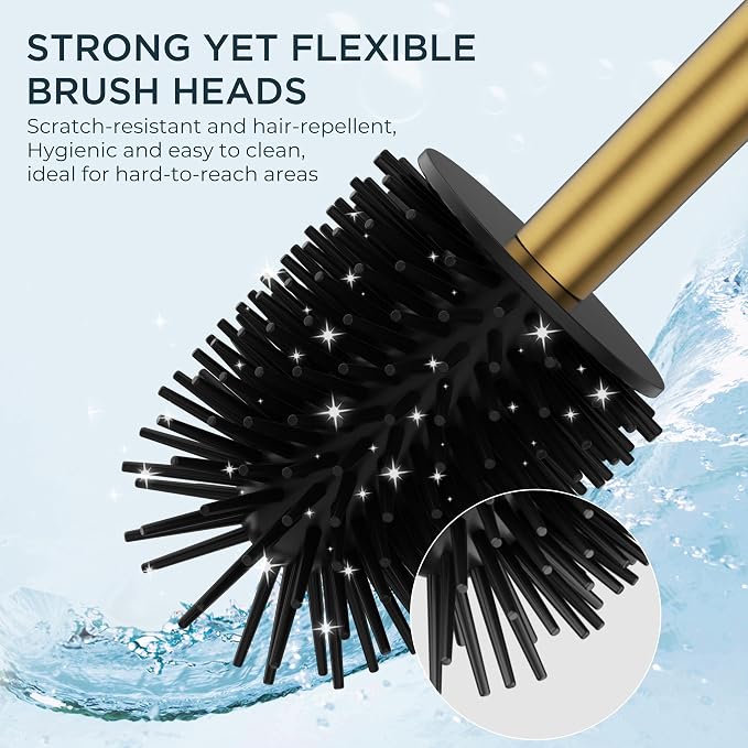 FORIOUS Tall Toilet Brush and Holder Set, Heavy Duty 304 Stainless Steel Base Square and Long Handle for Bathroom Deep Cleaning, Drip-Proof, Space Saving for Storage, 2 Toilet Bowl Brush Head, Gold