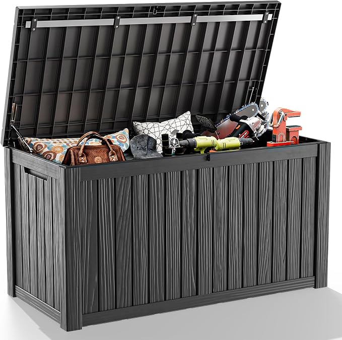 DRATO 180 Gallon Deck Boxes Outdoor Waterproof, Lockable Outdoor Storage Box for Patio Furniture Pool Supplies Garden Tools, Weatherproof Resin Storage Box for Backyard (Black, 180 Gallon)