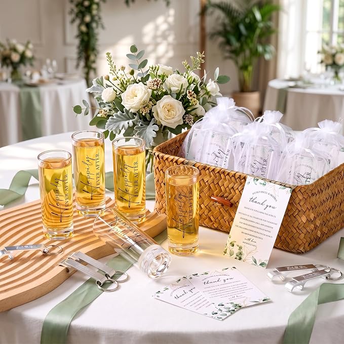 Sliner 50 Set Wedding Favor for Guest Bulk 2oz Acrylic Shot Glasses with bottle opener keychain Thank You Card Organza Bag for Guest Souvenirs Wedding Gift Bridal Shower Party (Romantic)