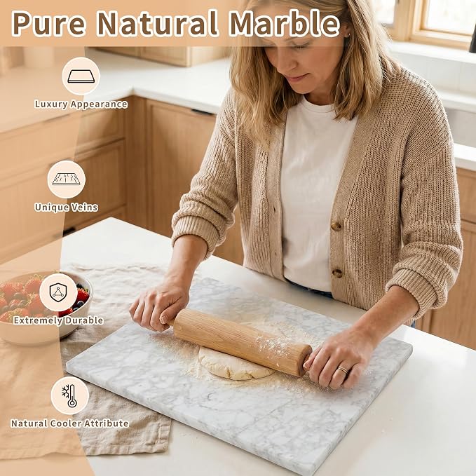 Carrara Marble Cutting Board for Kitchen, 20 x 16 Inch Large Marble Pastry Slab, White Stone Cutting Board for Dough Kneading, Baking, Rolling, Cheese