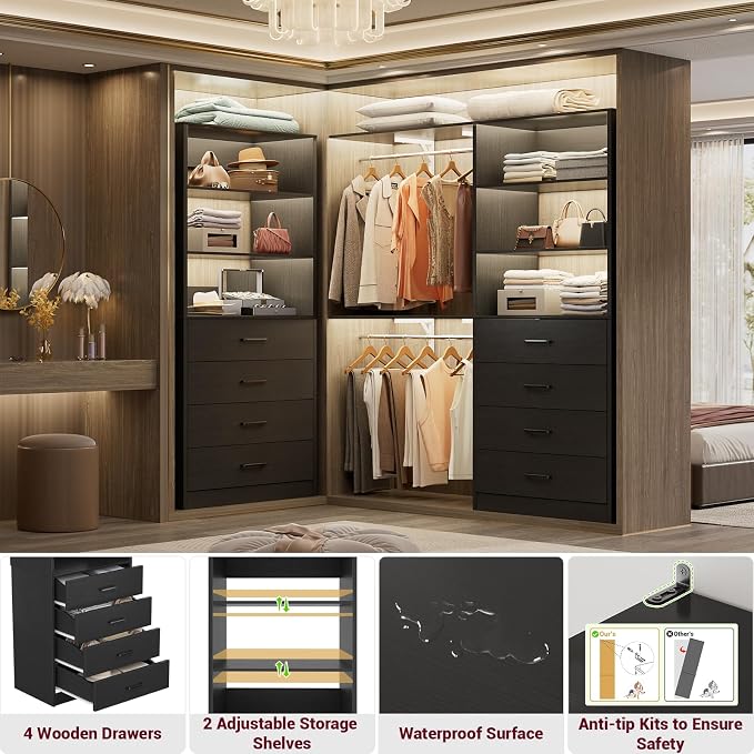 Aheaplus Closet Drawers System, 21.3" Wood Closet Organizer System with 4 Drawers, Modular Walk-in Closet System Storage Unit, Small Closets Wardrobe Rack, Tall Storage Cabinet Unit, Black