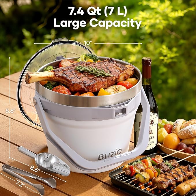 BUZIO 7 L Ice Bucket with Lid Scoop & Tongs & Adjustable Shoulder Strap | Double Wall Vacuum Insulated Stainless Steel Large Beverage Buckets, 48 Hrs Cold Retention for Parties, for Cocktail Bar