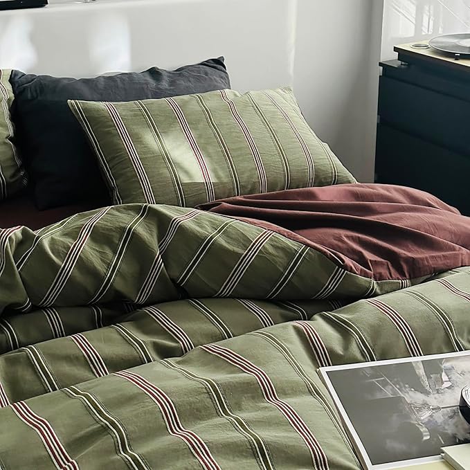 mixinni Vintage Striped Duvet Cover Set Queen – 100% Cotton Reversible Jacquard Bedding Set, Retro Olive Green & Terracotta Comforter Cover, Soft Breathable 3-Piece(1 Duvet Cover+2 Pillowcases)