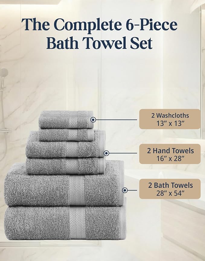 LANE LINEN Towel Set for Bathroom 6 Piece Soft Absorbent Quick Dry - Grey | Towels And Washcloths Sets - Oversized & Roomy, Lightweight & Breathable, Fade-Resistant Color, Classic Terry Weave