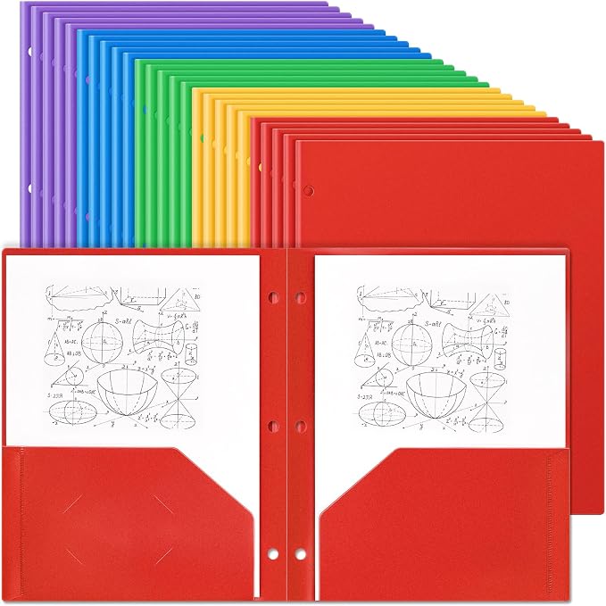 Yeaqee 50 Pcs Plastic Folders with Pockets Bulk 3 Hole Punched 2 Pocket File Folders for 3 Ring Binder Divider Folder for Notebooks, Durable Poly for Office Home (Multicolor)