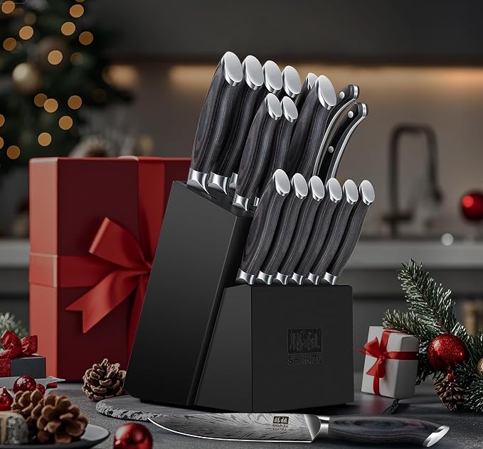 SHAN ZU 16 Pieces Knife Set, Knife Block Set in Powder Steel, Ultra Sharp Kitchen Knives Set, High Hardness Japanese Knife Set with Ergonomic Pakkawood Handle, Chef Knives Set for Kitchen Cooking