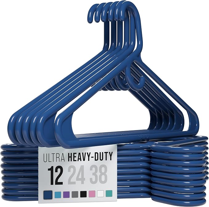 NEATERIZE Thick Heavy Duty Hangers - Navy Plastic Clothes Hangers 12 Pack - Great for Coat Hanger, Jackets Jeans & Suit Hanger for Closet - New Apartment Essentials Percheros Ganchos para Colgar Ropa