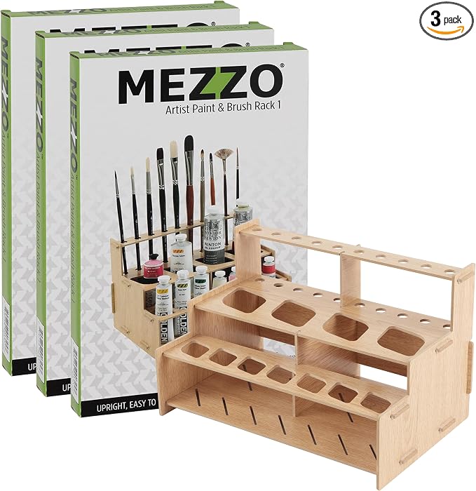 HG Art Concepts Mezzo Artist Paint and Brush Racks - Wood Grain Laminate Multi Layer Desk Stand Professional Storage Display Organizer for Paintbrushes and Tubes - Straight Rack 1, 3 Pack