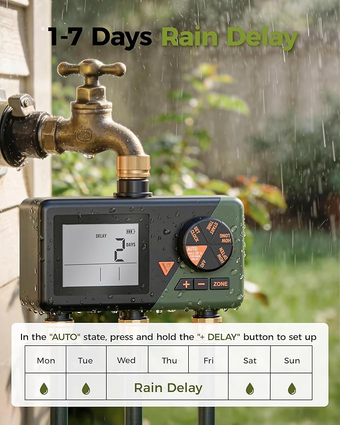 Diivoo Brass 3 Zone Sprinkler Timer, Programmable Hose Timers for Watering 3 Outlet with Large Display, Rain Delay & Manual Mode for Outdoor Automatic Irrigation of Garden, Lawn, Yard