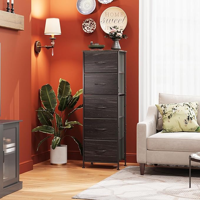 WLIVE Fabric Dresser, 5-Drawer Tall Dressers for Bedroom, Storage Dresser Organizer with Wood Top, Sturdy Steel Frame, Chest of Drawers for Closet, Hallway, Charcoal Black Wood Grain Print