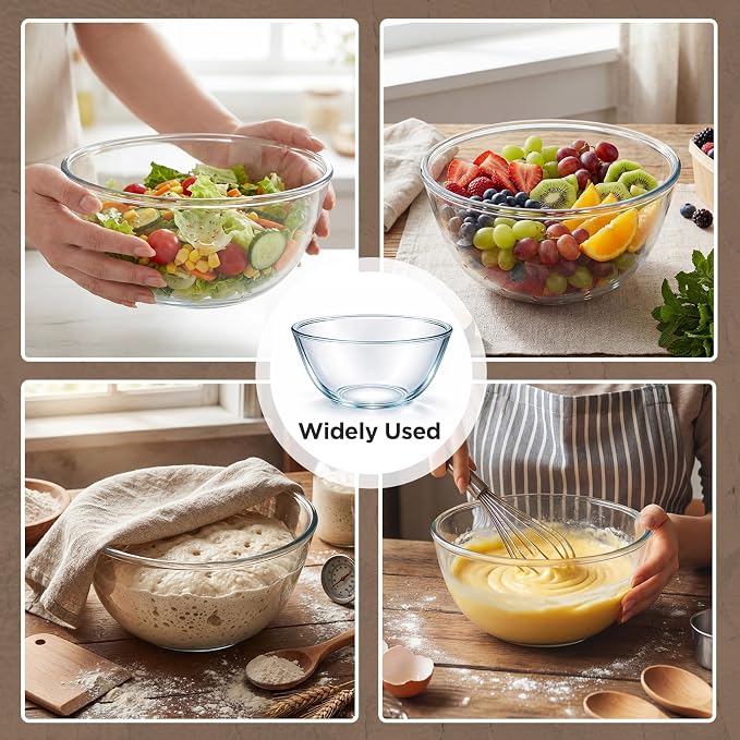 Gisafai 4 Pcs 2.5qt Glass Mixing Bowl Set Clear Salad Bowl for Kitchen Baking Cooking Preheated Oven Food Prepping Serving and Storage Freezer Microwave Dishwasher Safe