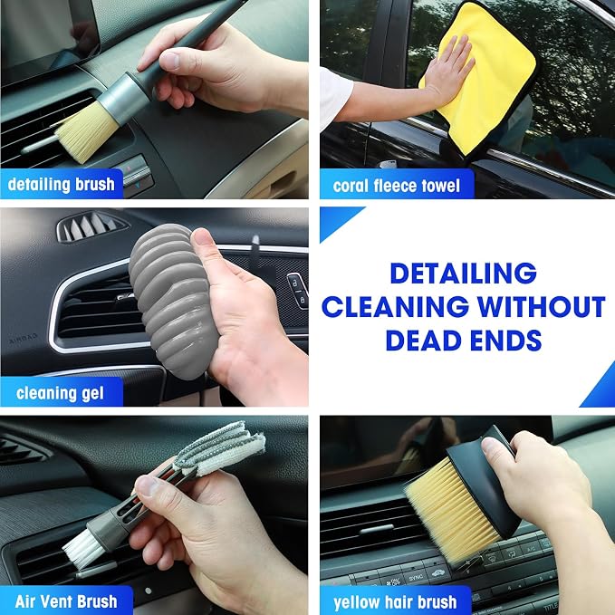 Car Cleaning Kit, 17PCS Car Interior Detailing Kit with Gray High Power Handheld Vacuum, Detailing Brush Set, Windshield Cleaner, Cleaning Gel, Complete Auto Accessories for Men, Women