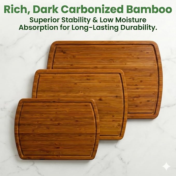Greener Chef Luxury Bamboo Cutting Board 3-Piece Set with Carbonized Vertical Grain Strength Technology - Extra Large Wooden Cutting Boards for Kitchen with Deep Juice Grooves - Lifetime Replacements
