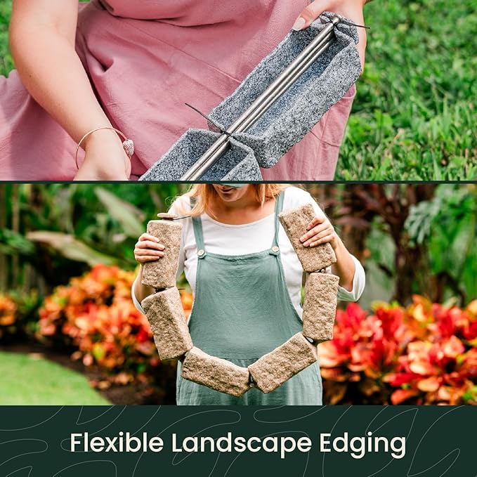 Landscape Edging | Garden Edging Border | Polyrock Bricks for Lawn Edging, Flower beds, Pathways & Yard Edging– 4 Packs | Each Section Has 6 Bricks 48" L x 4" W x 2.25" H | 12 Spikes |Sandstone