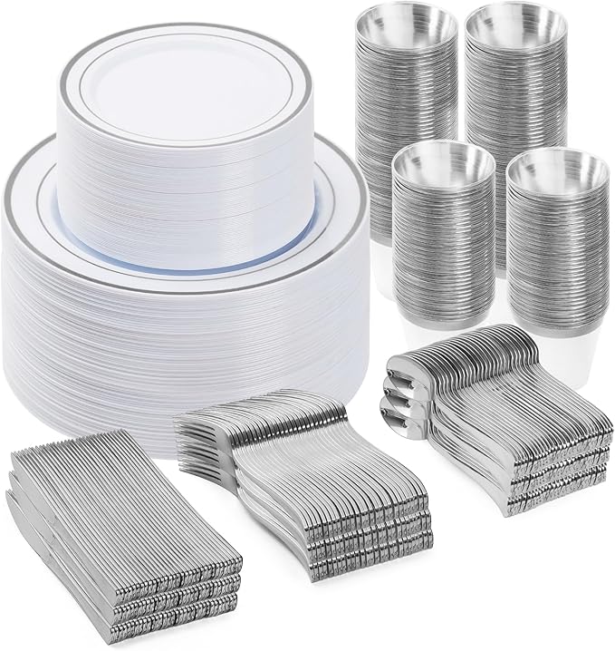 BESTVIP 450PCS Plastic Dinnerware Set (75 Guests), Silver Disposable Plates for Party, Wedding, Christmas, Anniversary, Includes: Dinner Plates, Dessert Plates, Cups, Spoons, Forks and Knives