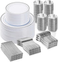 BESTVIP 450PCS Plastic Dinnerware Set (75 Guests), Silver Disposable Plates for Party, Wedding, Christmas, Anniversary, Includes: Dinner Plates, Dessert Plates, Cups, Spoons, Forks and Knives