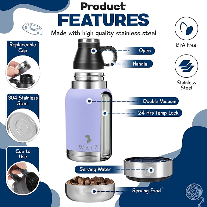 Portable Dog Water Bottle with 2 Removable Water Bowls for Dogs – Leak-Proof Insulated Stainless Steel Dog Water Bottle – Travel Accessories for Dogs - 32oz - Lavender