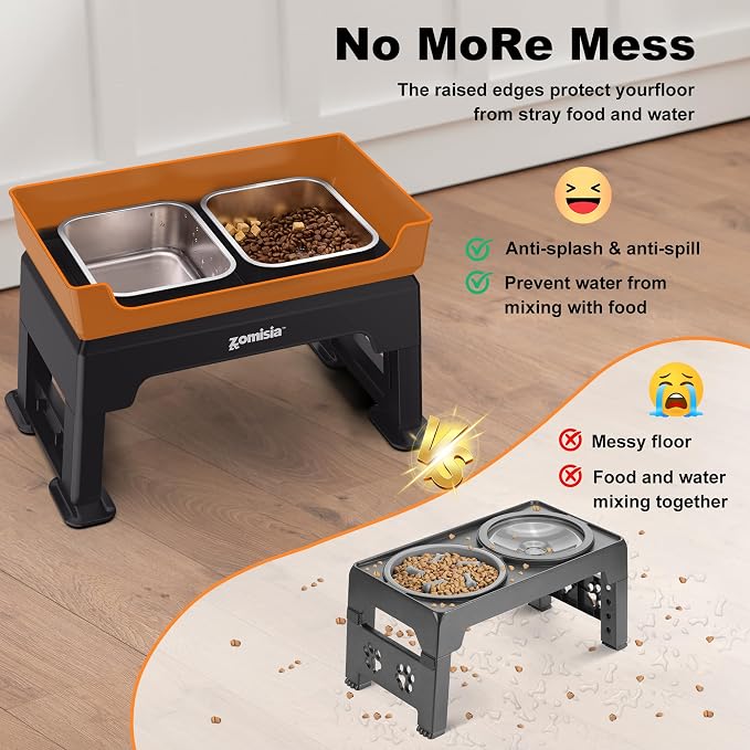 ZOMISIA Elevated Dog Bowls, 6 Height Adjustable Raised Dog Bowl Mess Proof | 3-in-1 Dog Bowl Stand, Double Deck Design, 2 Stainless Steel Bowls, Licking Plate, Feeding Station for Small Medium Large Pet