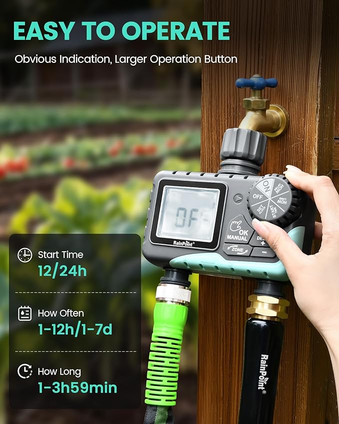 RAINPOINT Sprinkler Timer 2 Outlet, Water Timer for Garden Hose, Programmable Drip Irrigation for Yard Outdoor Watering, Rain Delay/Manual/Automatic System Controller 2.5" LCD, V2