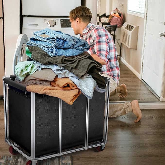 Commercial Laundry Cart with Wheels, 400L Large Rolling Laundry Cart with Steel Frame and Oxford Cloth, Heavy Duty Industrial Laundry Cart for Home,Hotel,Laundry Room, 441 lbs Load (Black-10)