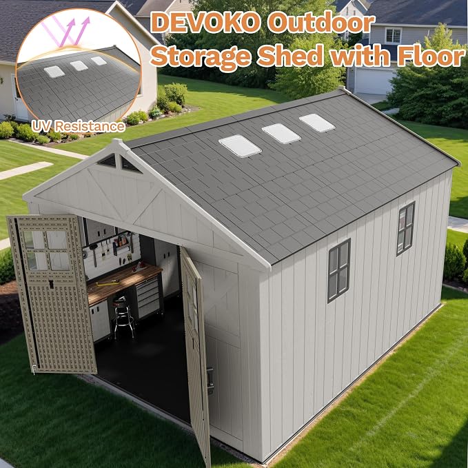 Devoko 10x12 FT Resin Outdoor Storage Shed with Floor, Beige | Large Plastic Garden Shed with Windows & Lockable Door, Multipurpose Tool Storage Shed for Patio Backyard Lawn