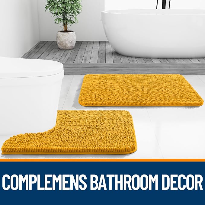 OLANLY Small Bathroom Rugs 24x16, Soft Absorbent Chenille Bath Rugs, Rubber Backing Quick Dry, Machine Washable Bath Mats for Bathroom Floor, Tub and Shower, Home Decor Accessories, Golden Yellow