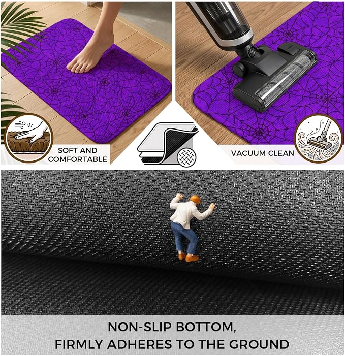 Purple Halloween Bathroom Runner Rugs Non Slip Washable Absorbent Narrow Long Bath Mat Black Spiders Net Classic Gingham Runner Rugs for Kitchen Hallway Bedroom Laundry Study Room 19.7"x63"