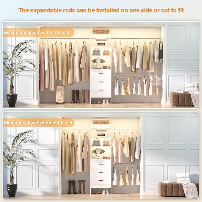 Besiost 96'' Closet Organizer System with 3 Hanging Rods, 8FT Closet Organizers and Storage with 3 Wooden Drawers, Built in Closet Organizer Systems, Adjustable Walk-in Wardrobe from 5-8FT, White
