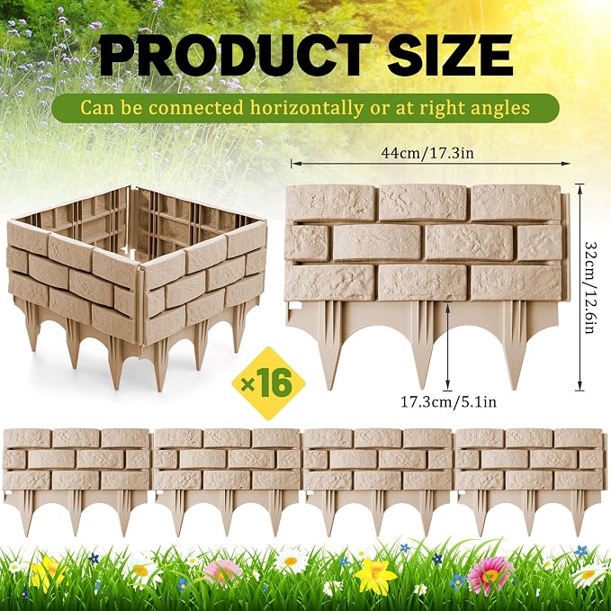 16 Pcs Imitation Stone Garden Fence, Faux Stone Retaining Wall Look Garden Bricks Border with Ground Stakes, 17.3 x 12.6 in Gray Plastic Edging Blocks for Flower Beds, Lawn, Mulch (Yellow)