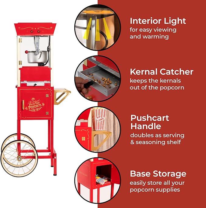 Nostalgia Popcorn Maker Machine - Professional Cart With 8 Oz Kettle Makes Up to 32 Cups - Vintage Popcorn Machine Movie Theater Style - Red