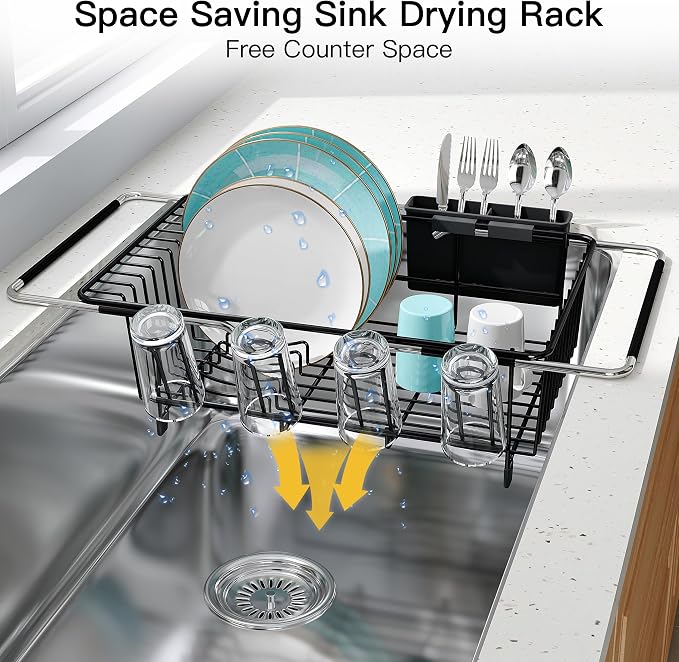 JASIWAY Black Dish Drying Rack in Sink with Mat, Cups and Utensil Holder | Use Over the Sink or Counter, Stainless Steel Expandable Dish Drainer for Small Kitchen, Space Saving, Fast Drain, Rustproof