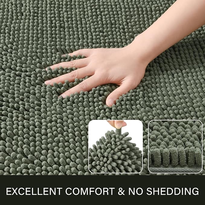 LOCHAS Luxury Bathroom Rug Shaggy Bath Mat 24 x 48 Inch, Sage Green | Washable Non Slip Bath Rugs for Bathroom Shower, Soft Plush Chenille Absorbent Carpets
