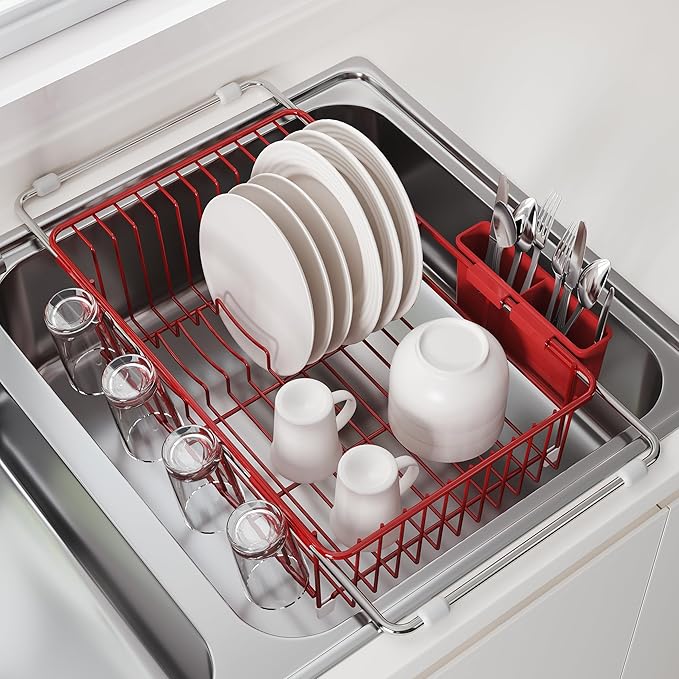 JASIWAY Red Dish Drying Rack in Sink, Dish Drainer with Utensil Holder | Over The Sink Expandable Stainless Steel Strainer Dryer Rack for Small Kitchen, Counter Space Saving, Fast Drain, Rustproof