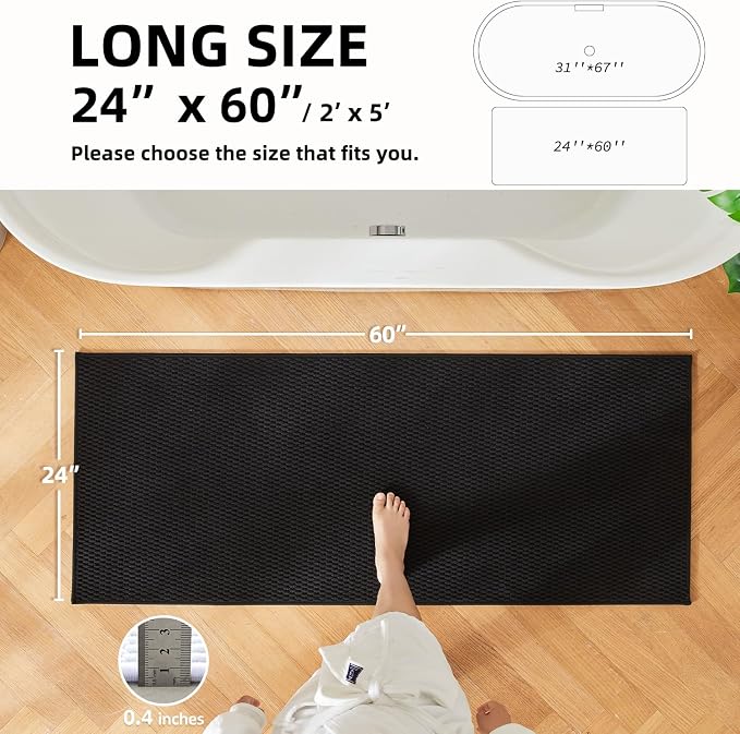TYUU Black Bathroom Runner Rug, Long Bath Mat Washable Thin Quick Dry Low Pile Bathroom Runner Rugs 24 x 60 Non Slip, Black 24''x60''