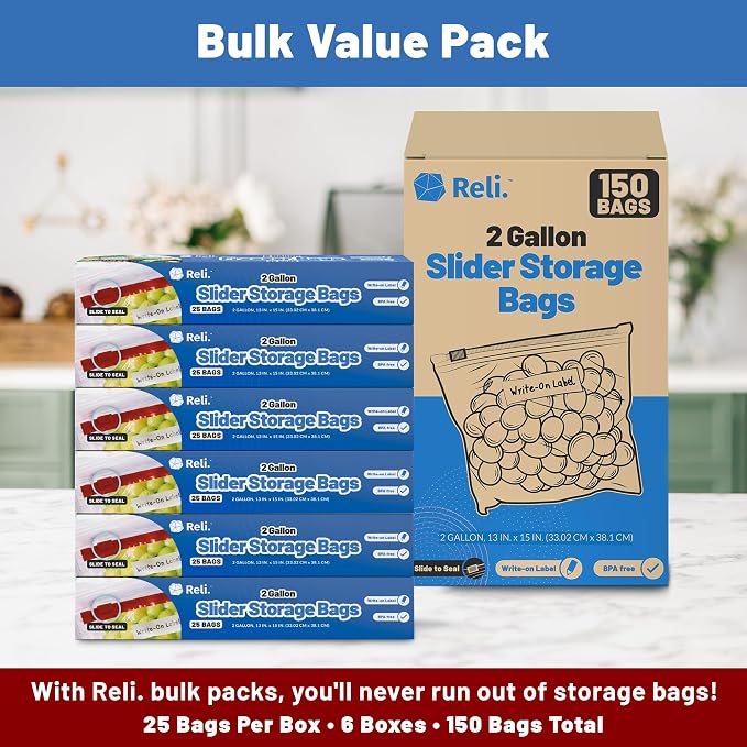 Reli. 2 Gallon Bags (150 Count) 13x15 inch Slider Food Storage | Bulk 2 Gallon with Slider & Write-On Label | Heavy-Duty Clear