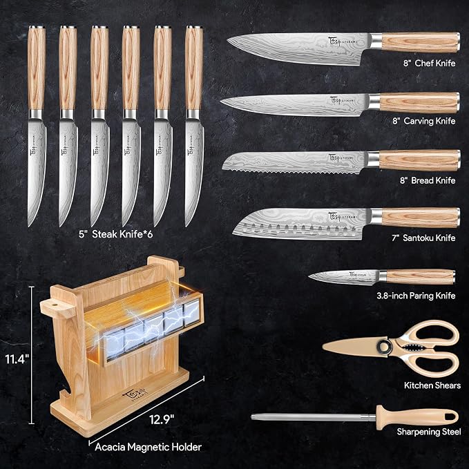 SYOKAMI 2026 Upgrade Knife Set 14 Japanese Style Kitchen Knife Set with Torii-Style Magnetic Block, Razor-Sharp High Carbon Stainless Steel Knives Set for Kitchen with Anti-Slip Handle, Ideal for Gift