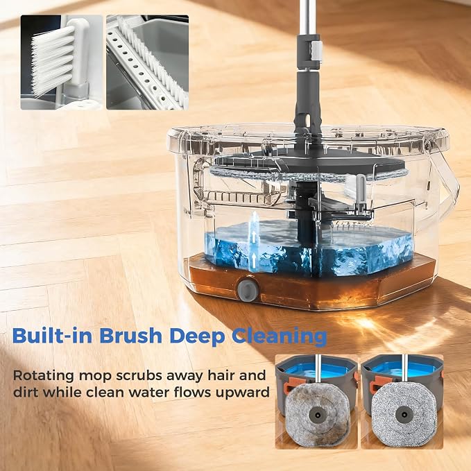 Spin Mop and Bucket Set with Wringer, Hands-Free Floor Mop System | Clean & Dirty Water Separation, Hands-Free Wringing, 360° Spin Mop Head, Detachable Bucket