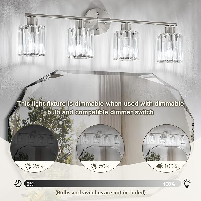Crystal Bathroom Light Fixtures, Bathroom Lighting Fixtures Over Mirror, Modern 4-Light Brushed Nickel Vanity Lights for Mirror, Restroom, Kitchen(Ceramic E26 Socket,Bulbs Not Include)