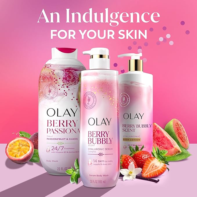 Olay Body Wash for Women, Intensely Hydrating, Pro-Hyaluronic Acid Serum Complex, Renews Moisture, Vitamin B3 Lameller Technology, For All Skin Types, Berry Bubbly Scent, 20 fl oz